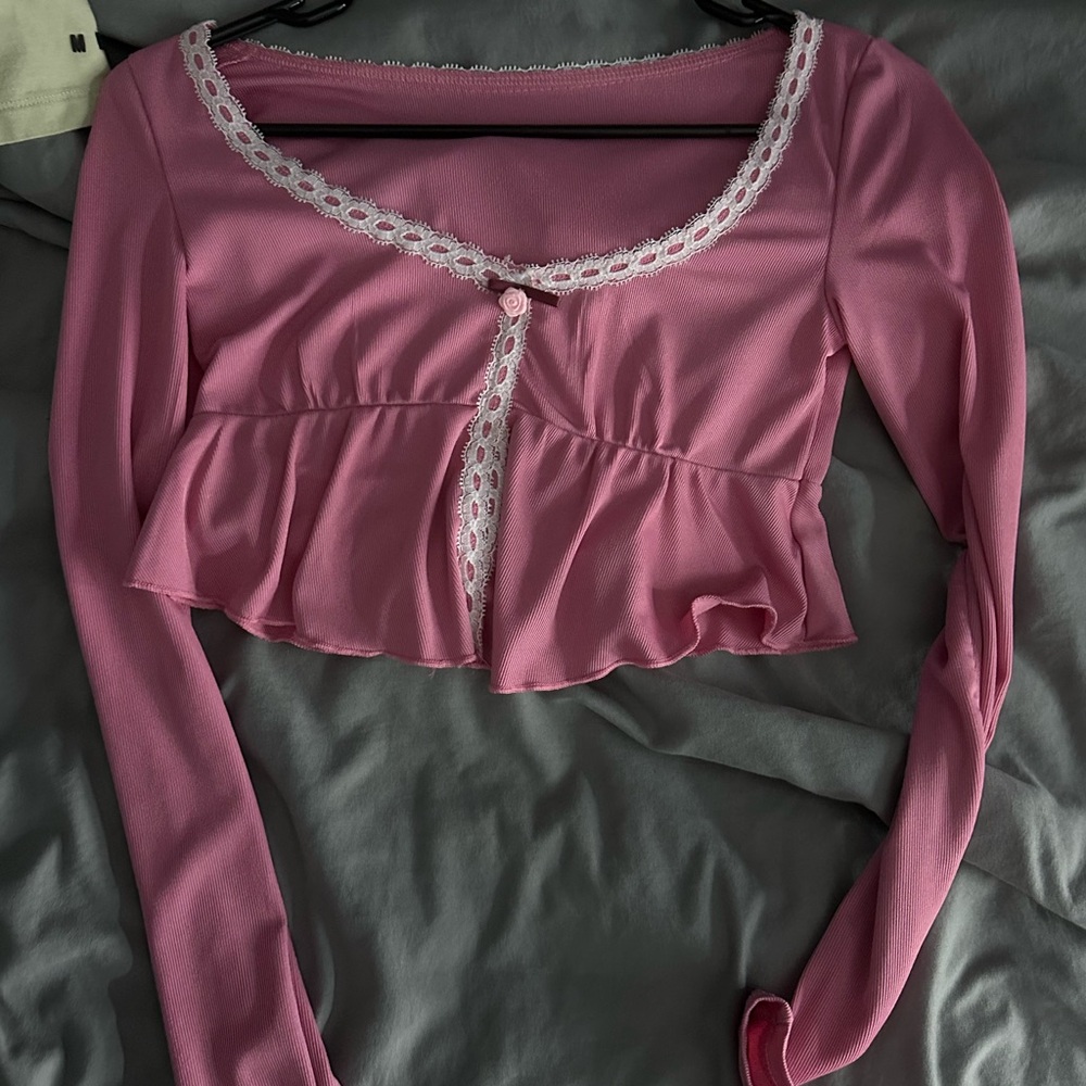 Pink Lace Trim Women's Top